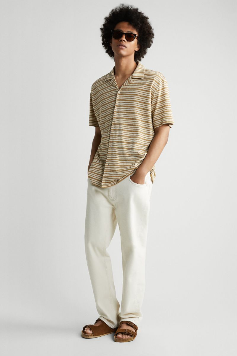 新品☆ZARA(ザラ) ストライプジャカードシャツ 半袖コットン麻素材