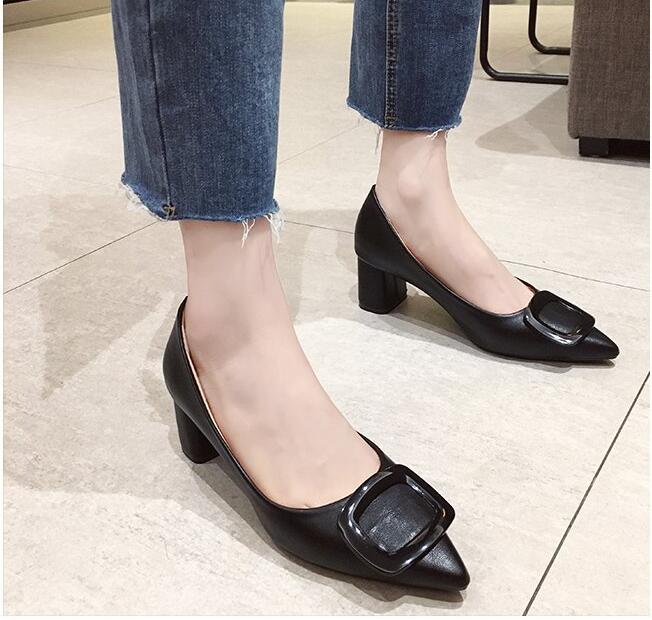 Smasell シューズ 靴 太ヒール レディース 秋 とんがり 浅口 トレンド おしゃれ 人気