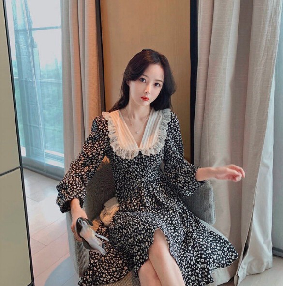 21春夏新作 レディースワンピース シフォン レースカラー ワンピース 花柄 Vネックトレンド 着回し Smasell スマセル 公式通販 サスティナブルアウトレットモール スマセル