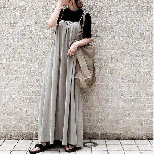 Smasell 21新作 春夏 レディース ワンピース たっぷりギャザーキャミワンピ 無地 ロング マキシ トレンド 着回し