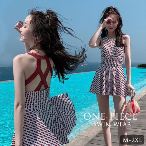 22新作 レディース 水着 ワンピース ダイヤ柄 バッククロスストラップ 赤 レッド かわいい スカート Smasell スマセル 公式通販 サスティナブルアウトレットモール スマセル