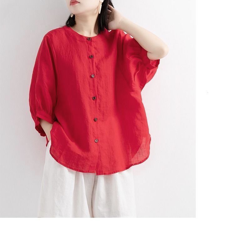 シャツ リネンシャツ 綿麻シャツ シャツブラウス 7分袖 プリーツ レディース トップス ボタン飾り シースルー 通気性 着まわせ 春秋 カジュアル 30代 40代 qxz573.jpg