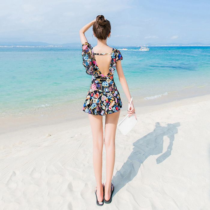 レディース 水着 ワンピース パッドつき フリル袖 背中見せ セクシー