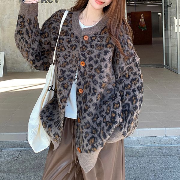 新作 ヒョウ柄 レオパード柄 カーディガン ニット トップス ボリューム