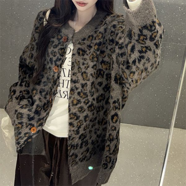 新作 ヒョウ柄 レオパード柄 カーディガン ニット トップス ボリューム