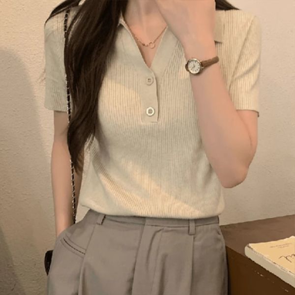 新作 レディース リブニット 襟付きニット 半袖 トップス