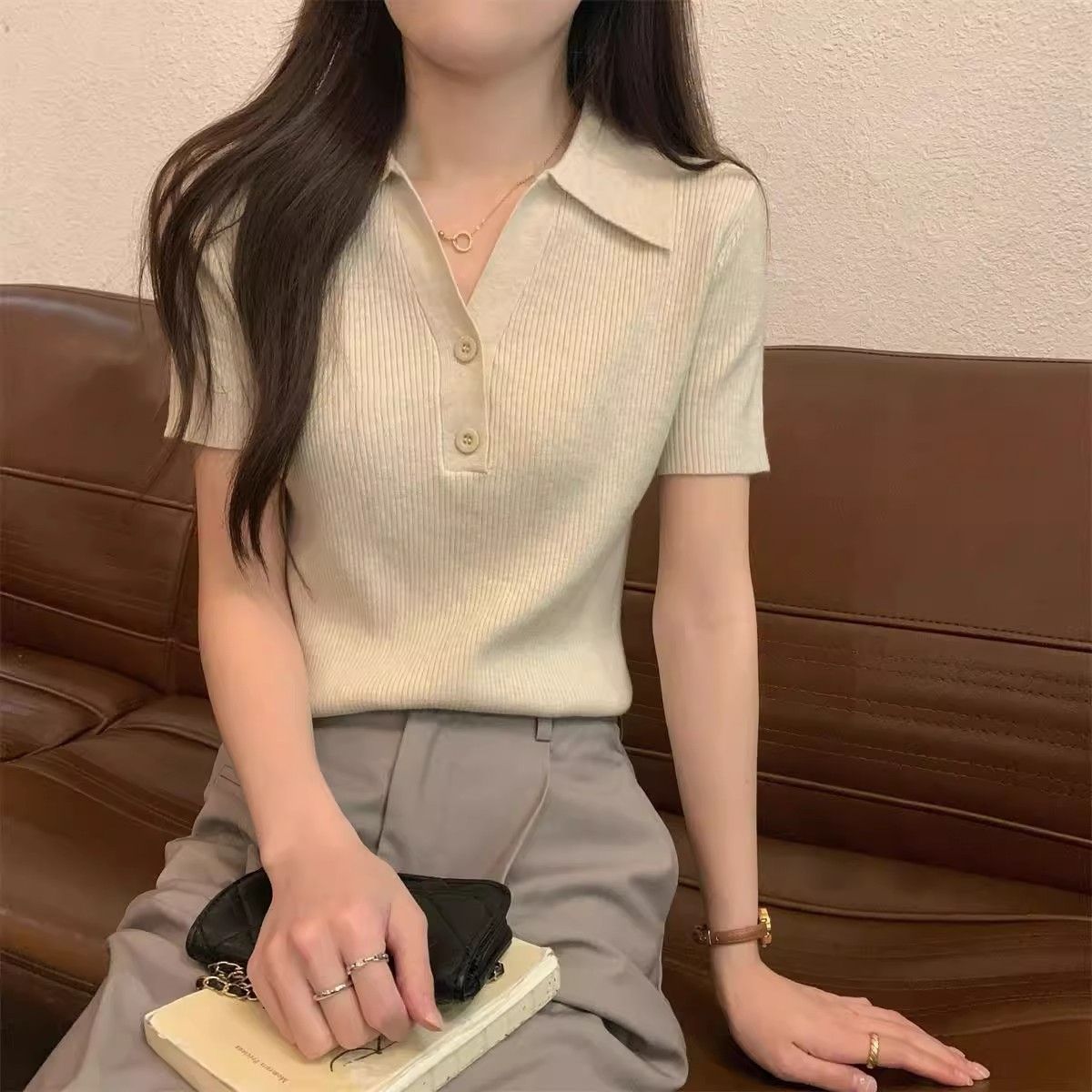 最終値下げ✏️Polo 半袖ニット✨新品未使用✨ 新作 レディース リブニット 襟付きニット 半袖 トップス