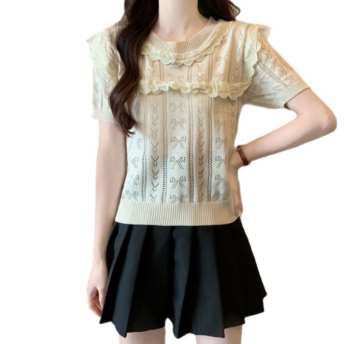 リボンが可愛い❤️お出かけに最適なニットトップス 一目惚れニット】バックリボン ニットパール調トップス（ニット