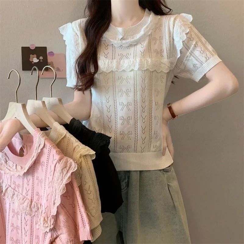 レディース 透かし編み ニットトップス 可愛い リボン柄 フリル