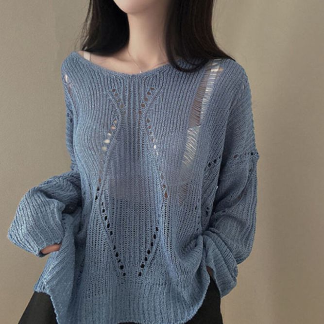 レア美品★KAREN MILLEN★フェミニンなブルーのかぎ針編みニットトップ レア美品☆KAREN MILLEN☆フェミニンなブルーのかぎ針編みニット