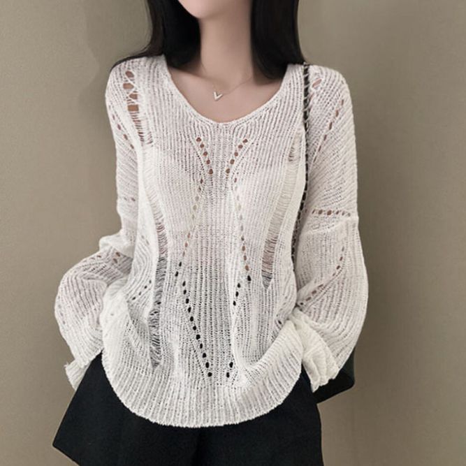 新作 透かし編み メッシュ ニット 長袖 カギ編み 透け感 抜け感 サマー