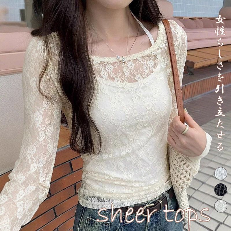 新作 トップス シアー シースルー 花柄 透け感 重ね着 レース 新作 トップス シアー シースルー 花柄 透け感 重ね着 レース