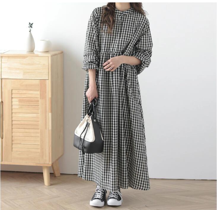 2023新作 レディース シャツワンピース ロング 7分袖 長袖 ギンガム  