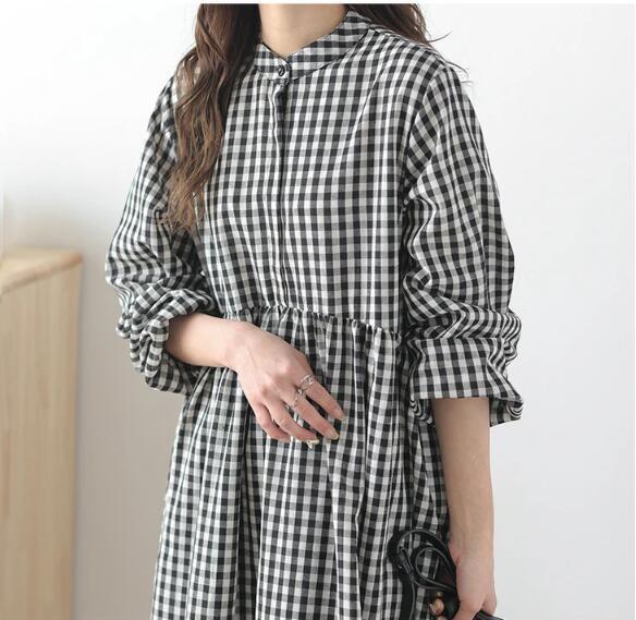 2023新作 レディース シャツワンピース ロング 7分袖 長袖 ギンガム  