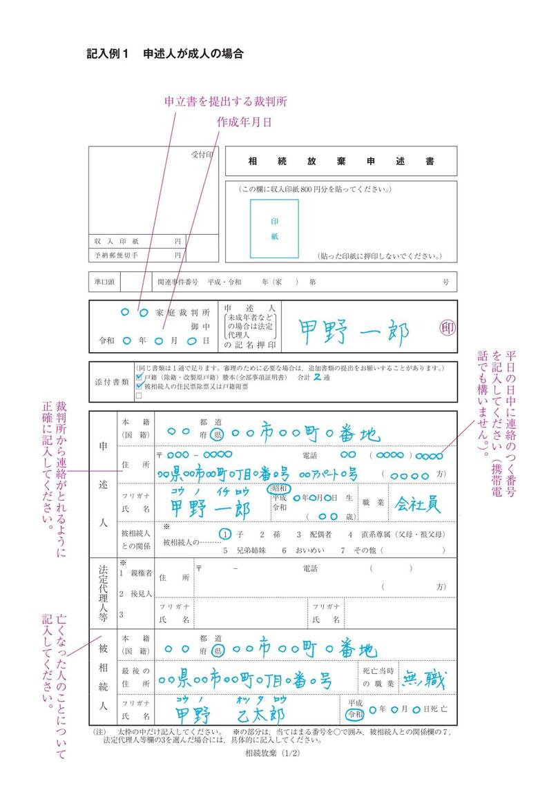 記入例1　申述人が成人の場合｜裁判所