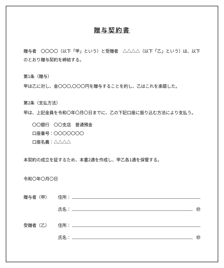 現金贈与契約書 ひな形