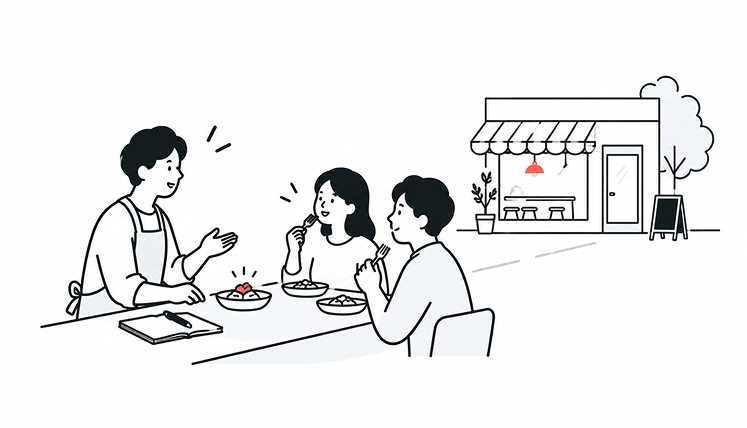 店主がカウンター越しにお客さんへ料理を出し、その場で感想を聞いている様子と、小さな路面店舗のイラスト