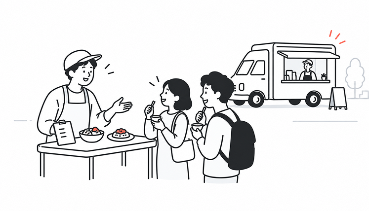 キッチンカーのオーナーが屋外のテーブルで料理を差し出し、2人の来店客が試食しながら感想を伝えているイラスト。後ろにはキッチンカーが停まっている