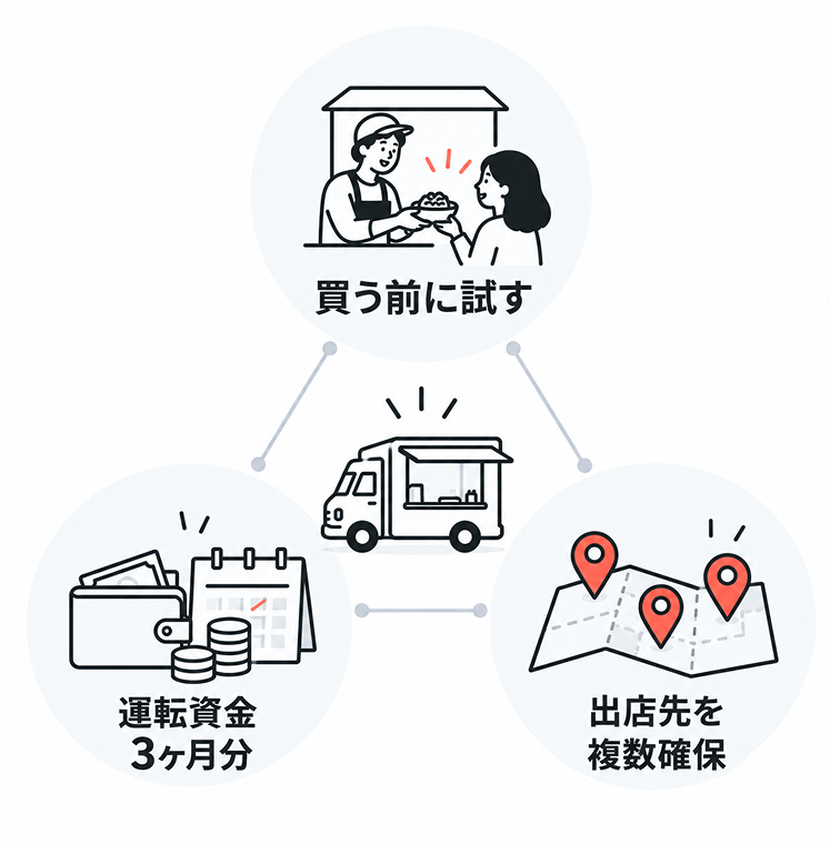 中央にキッチンカー、そのまわりに「買う前に試す」「運転資金3ヶ月分」「出店先を複数確保」の3つの原則が配置された図