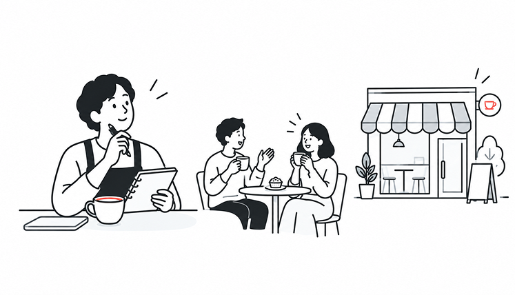 カフェのコンセプトを考えるオーナーのイラスト。左側でエプロン姿のオーナーがノートに構想を書き留めており、中央で2人の客がコーヒーを片手に語らい、右側に小さなカフェの店構えが描かれている