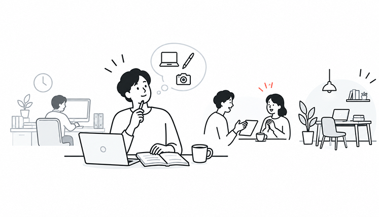 独立開業を考える人のイメージイラスト。ノートとパソコンを前にパソコン・ペン・カメラを思い浮かべる人、オフィスで働く会社員、打ち合わせをする二人、自宅の作業スペースが並んでいる