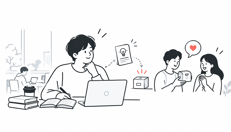 カフェの机でノートとノートパソコンを前に考えごとをする学生と、そこから生まれたアイデアが商品となって同世代の二人に手渡され、喜ばれている様子を描いたイラスト