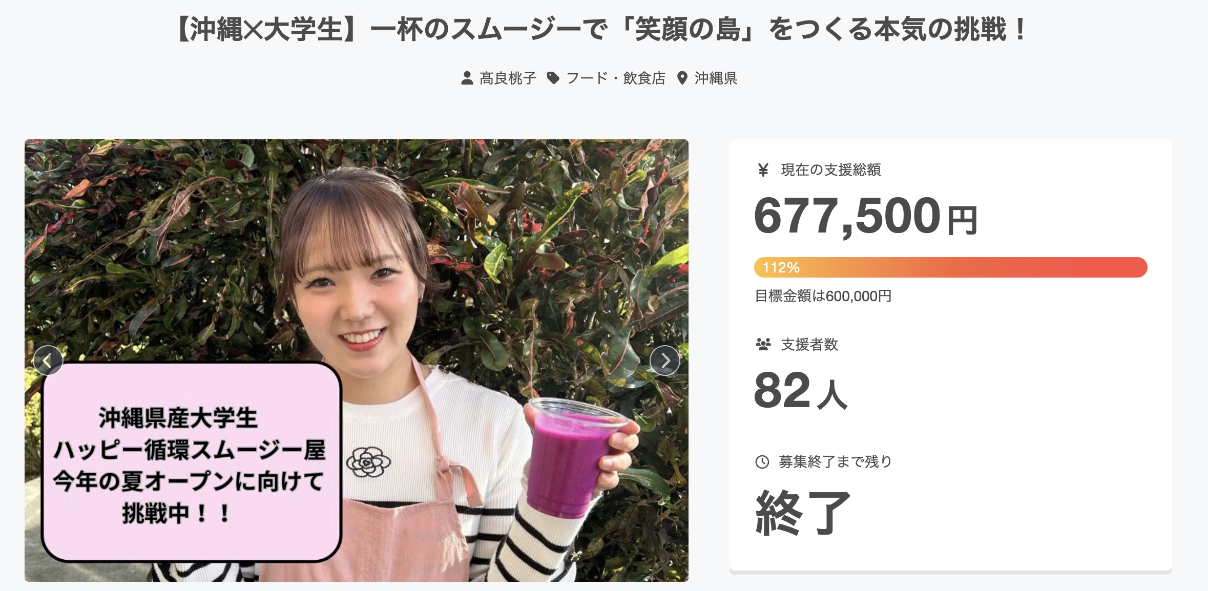 沖縄の大学生が立ち上げたスムージー店開業プロジェクトのCAMPFIREページ。支援総額677,500円、支援者82人で目標60万円を達成した