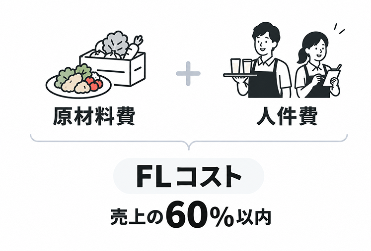 FLコストの考え方を示した図。原材料費と人件費を足したものがFLコストであり、売上の60%以内に抑えることが目安と示されている