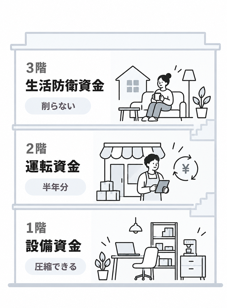 開業資金を3階建ての建物にたとえた図。1階は設備資金で「圧縮できる」、2階は運転資金で「半年分」、3階は生活防衛資金で「削らない」と示されている