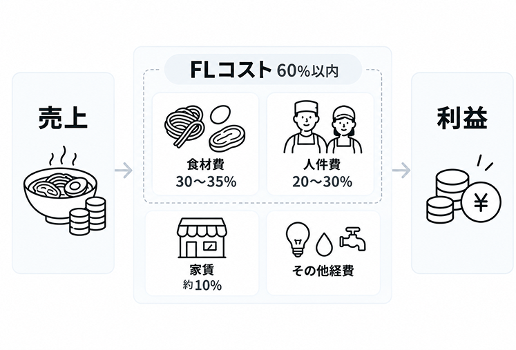 売上から利益が残るまでの費用構造を示した図。売上から食材費30〜35%と人件費20〜30%を合わせたFLコストを60%以内に抑え、さらに家賃約10%とその他経費を差し引いた残りが利益になる