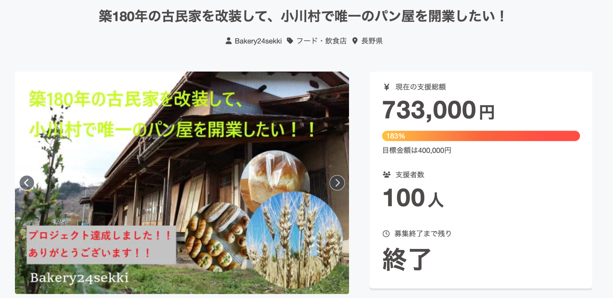 クラウドファンディングプロジェクト「築180年の古民家を改装して、小川村で唯一のパン屋を開業したい!」のページ。支援総額733,000円、目標金額400,000円に対して達成率183%、支援者数100人で募集終了と表示されている