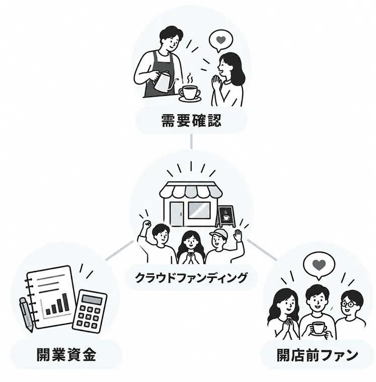 中心に「クラウドファンディング」を置き、「需要確認」「開業資金」「開店前ファン」の3つが放射状につながることを示した図