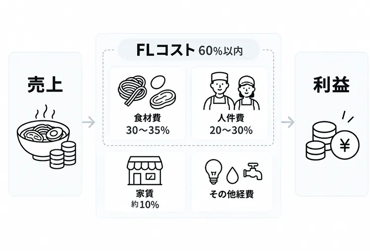 売上から利益が残るまでの費用構造を示した図。売上から食材費30〜35%と人件費20〜30%を合わせたFLコストを60%以内に抑え、さらに家賃約10%とその他経費を差し引いた残りが利益になる