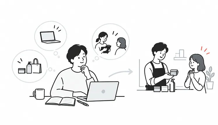 起業の候補業種を考えている人が、実際に自分の商品をお客さんに手渡すまでを描いたイラスト
