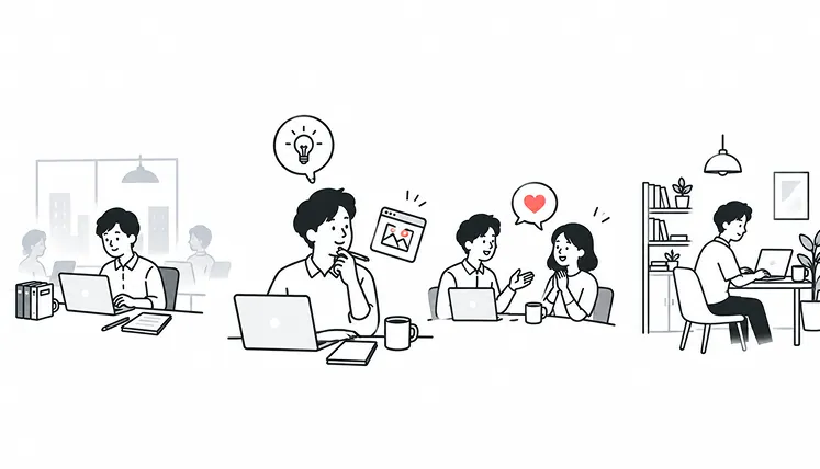 会社のオフィス、自宅の机、カフェでの打ち合わせなど、場所を変えてそれぞれのスタイルで働く人たちのイラスト