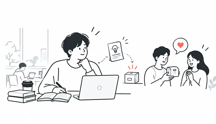 カフェの机でノートとノートパソコンを前に考えごとをする学生と、そこから生まれたアイデアが商品となって同世代の二人に手渡され、喜ばれている様子を描いたイラスト