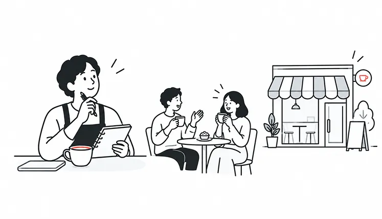 カフェのコンセプトを考えるオーナーのイラスト。左側でエプロン姿のオーナーがノートに構想を書き留めており、中央で2人の客がコーヒーを片手に語らい、右側に小さなカフェの店構えが描かれている