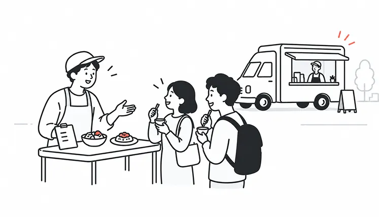 キッチンカーのオーナーが屋外のテーブルで料理を差し出し、2人の来店客が試食しながら感想を伝えているイラスト。後ろにはキッチンカーが停まっている