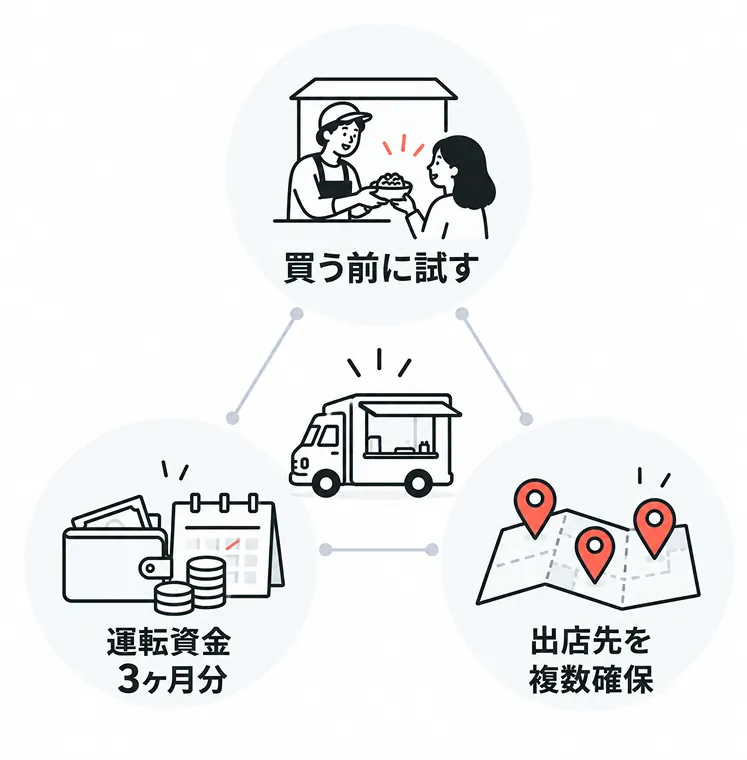中央にキッチンカー、そのまわりに「買う前に試す」「運転資金3ヶ月分」「出店先を複数確保」の3つの原則が配置された図