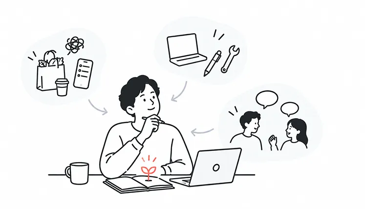 日常の買い物やスマートフォンのアプリ、パソコンや文房具といった仕事道具、人との会話という3つの方向からヒントを受け取りながら、机でノートを開いてアイデアを考えている人のイラスト