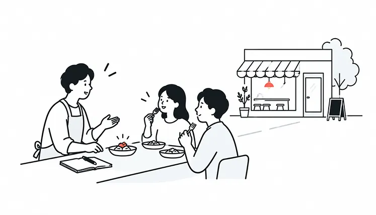 店主がカウンター越しにお客さんへ料理を出し、その場で感想を聞いている様子と、小さな路面店舗のイラスト