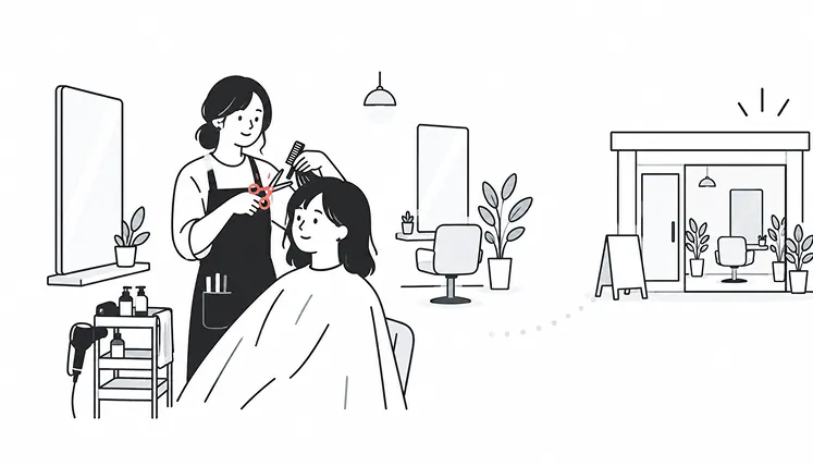 サロンで施術する美容師と、これから持つ自分の店を並べて描いたイラスト