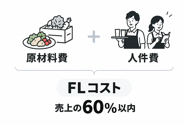 FLコストの考え方を示した図。原材料費と人件費を足したものがFLコストであり、売上の60%以内に抑えることが目安と示されている