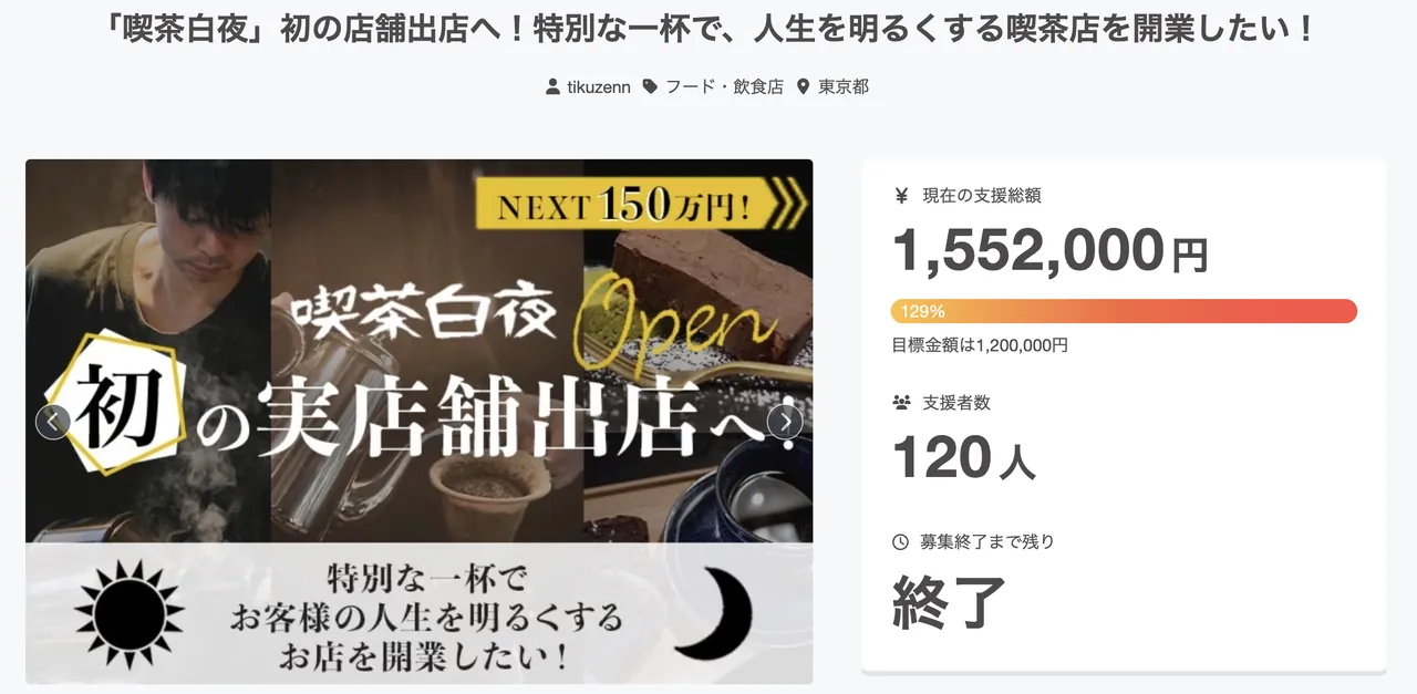 初めての実店舗出店を目指した「喫茶白夜」のクラウドファンディングプロジェクトページ