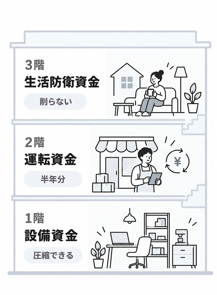 開業資金を3階建ての建物にたとえた図。1階は設備資金で「圧縮できる」、2階は運転資金で「半年分」、3階は生活防衛資金で「削らない」と示されている