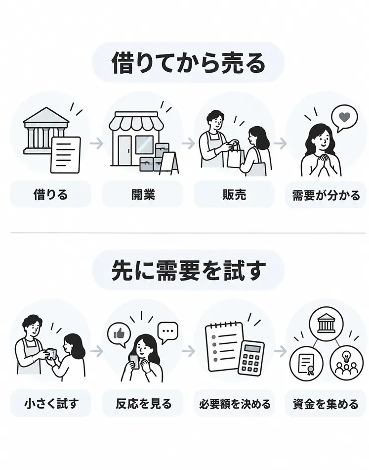 「借りてから売る」（借りる→開業→販売→需要が分かる）と「先に需要を試す」（小さく試す→反応を見る→必要額を決める→資金を集める）の2つの順番を上下に並べて比較した図