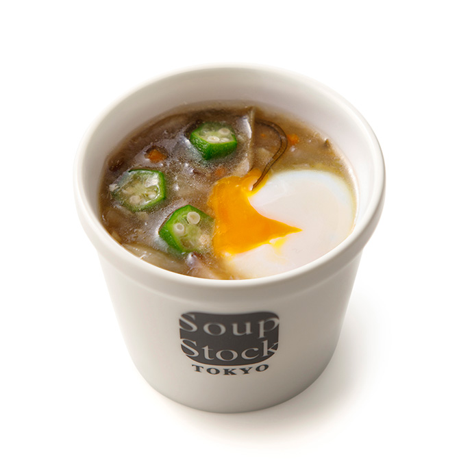 半熟玉子と干し牛蒡の和風スープ