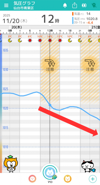 11月20日　仙台の気圧グラフ