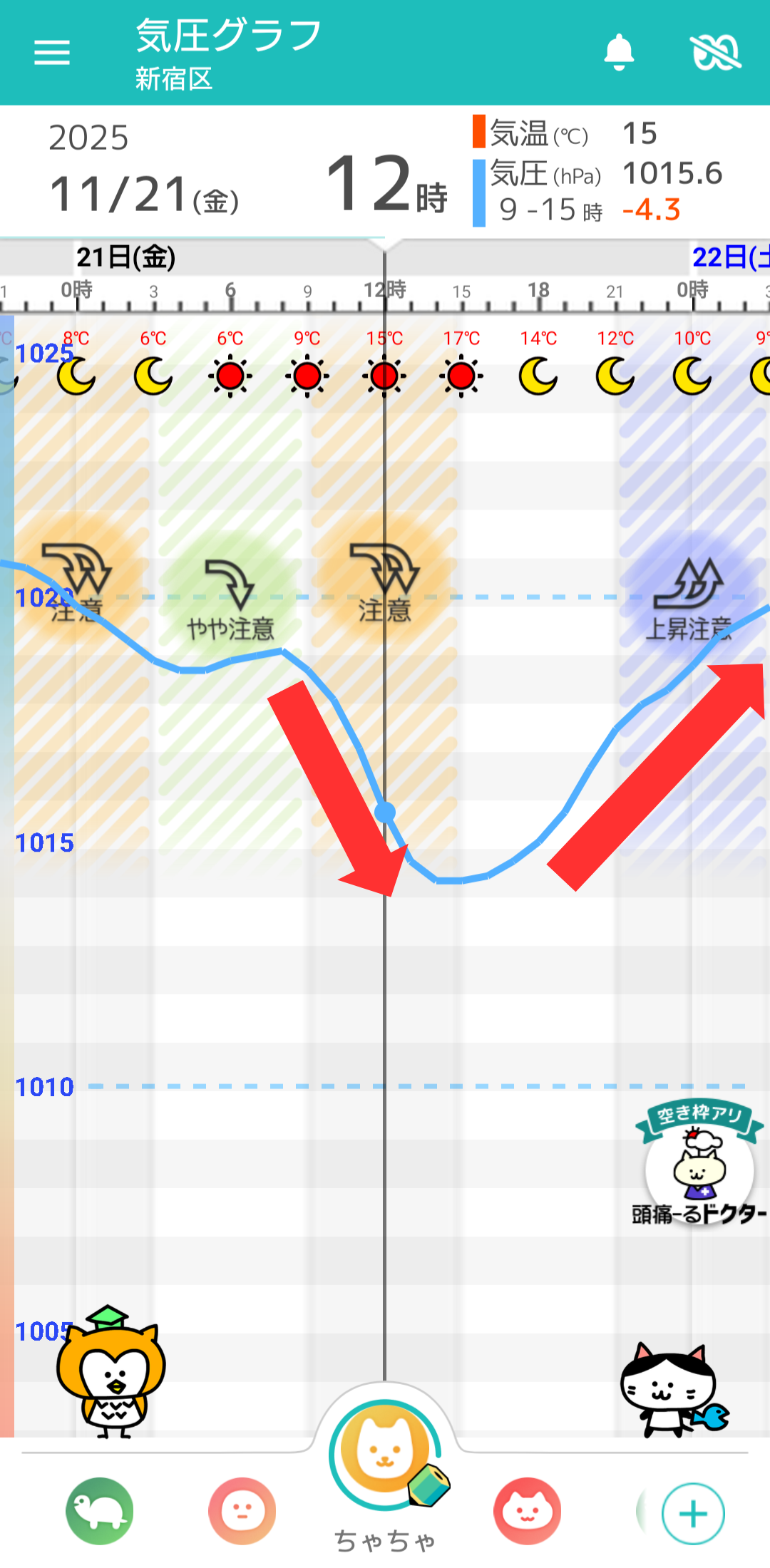 11月21日 東京の気圧グラフ