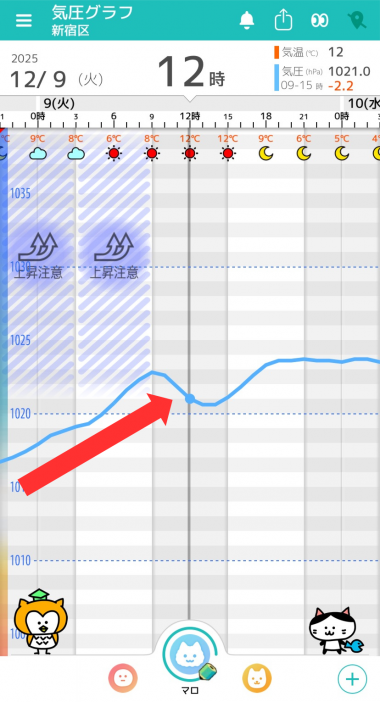 12月9日 東京の気圧グラフ